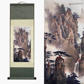 Valart Rollbild aus Seide Asiatisch Wand Dekoration Wasserfall Fluss Landschaft Gemälde - Herbst im Landschaftsberg Huangshan Schön Chinesische Kunstwandrolle Hängende Bildrolle Orientalisches Dekor