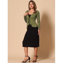 Allegra K Women's Dressy Cardigan Sweaters Tie Front Draped Ruffle Knit Cardigans Small Olive Green