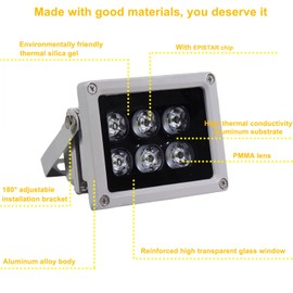 AUTENS Infrared Illuminator 90° Wide Angle Night Vision Waterproof LED IR Infrared Light for 850nm IP Camera CCTV Analogue Security Surveillance Camera (6 LEDs)