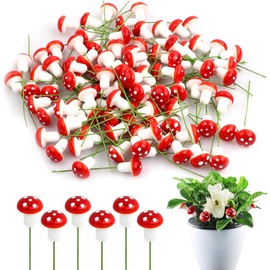 Mushroom Decoration, Pack of 50 Toadstools on Drath Mushrooms Realistic Miniature Mushrooms Made of Resin Toadstool Decoration with 2 cm Height for Garden, Flower Pot Table Decoration, Weatherproof