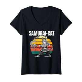 Womens Samurai Cat Dragon V-Neck T-Shirt