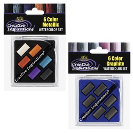 Creative Inspirations Professional Watercolor Paint Set 2 Pack - Compact Metallic and Graphite Half Pan Travel Sets of 6 with Mini Brush