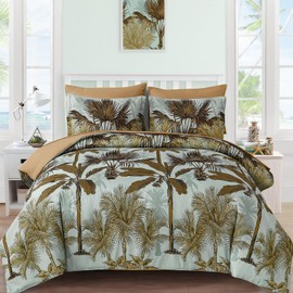 WONGS BEDDING Botanical Comforter Set Queen, 7 Pieces Tropical Green Palm Tree Bed in a Bag, Soft Microfiber Bedding Set with Comforter, Flat Sheet, Fitted Sheet, Pillow Shams & Pillowcases