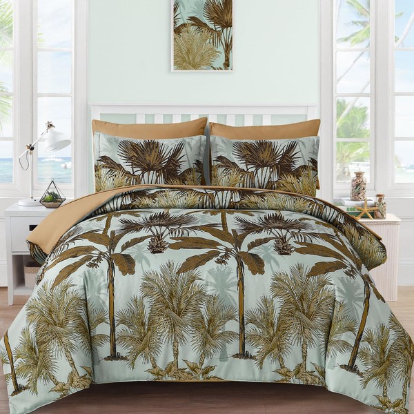 WONGS BEDDING Botanical Comforter Set Queen, 7 Pieces Tropical Green