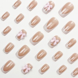 French Chrome Press on Nails Short Square Fake Nails Cute False Nails Press ons Paired with Pink Bows Full Cover Glossy Glue on Nail Stick on Nails for Women Manicure,Reusable | Easy Apply | 24 Pcs