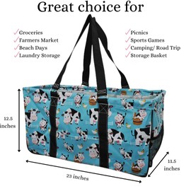 NGIL Extra Large Utility Tote Reusable Grocery Bag Oversized Collapsible for Groceries, Storage, Picnic, Beach (Cow in Town-Black)