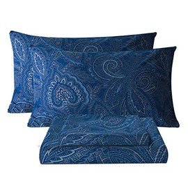 Bedlifes King Sheet Set Navy Sheets Ultra Soft Printed Sheets Paisley Sheets Deep Pocket Flat Sheet& Fitted Sheet& Pillowcases 100% Microfiber 4 Piece Queen Size Paisley Dark Navy Blue