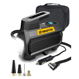 E-SMARTER Car Tyre Inflator Air Compressor, 12V/ 120W/ 150 PSI/ 10.5 Bar, Car Tyre Pump with Handle, 4 Valve Adaptors, LED Light, 2xFaster Car Pumps for Tyres of Car, Bike, Motorcycle, Ball, Mattress
