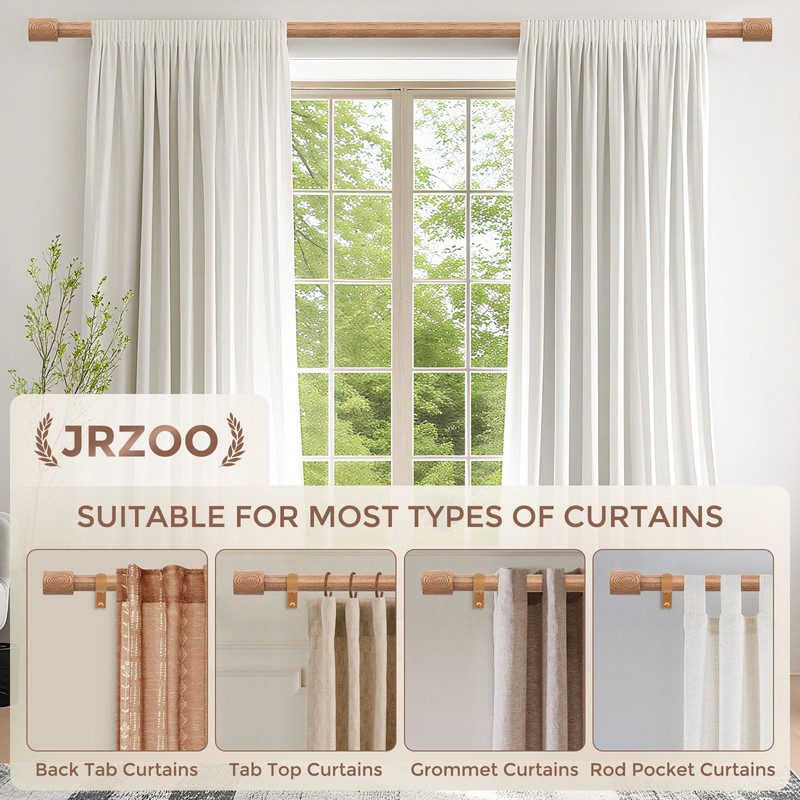 JRZOO Wood Curtain Rods, 1'' Decorative Adjustable Rustic Farmhouse Drapery