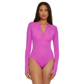 Trina Turk Women's Standard Paddle One Piece Swimsuit, Rash Guard, UV Protection, Zip Front, Long Sleeve, Bathing Suits, Sugar Berry
