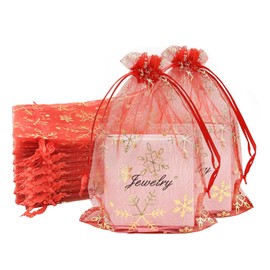 100pcs Christmas Organza Gift Bags,7x9cm Red Organza Bags with Gold Snowflakes,Small Wedding Jewelry Pouches with Drawstring,Mesh Candy Favour Bag Party Sweet Bags for Christmas,Gift Wrapping