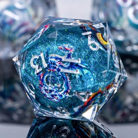 Roycevon Dragon Pattern Liquid Core DND Dice Set, 7Pcs Sharp Edge Dice with Gift Box, Blue Resin Role Playing Dice D20 D12 D10 D8 D6 D4