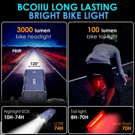 BCOIIUE Bike Lights,Run time 70H 10000mAh Bike Lights Rechargeable,Bright 3000 Lumen Bike Lights Front and Back,Quick Release 6 Mode Bicycle Lights Front and Rear,Sturdy Waterproof IP65 Bike Light