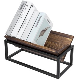 MyGift Tabletop Book Holder Rack with Industrial Black Metal Frame, Rustic Burnt Solid Wood Desktop Tilted Bookcase Reading Book Storage Organizer