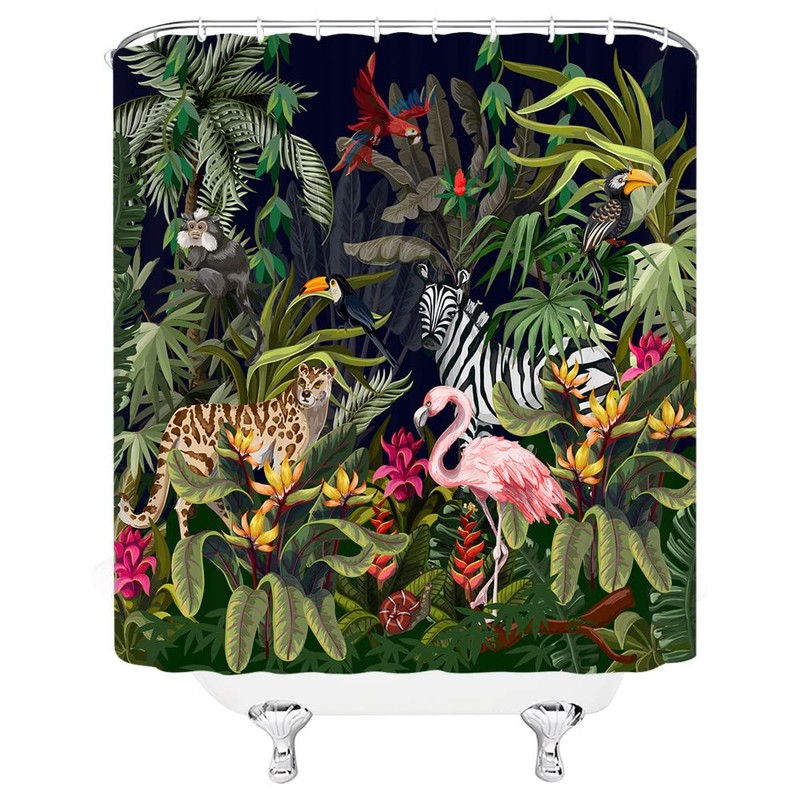 Rainforest Animal Shower Curtain Tropical Jungle Forest Leopard Flamingo Zebra