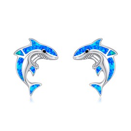 DAYLINLOVE Shark Earring 925 Sterling Silver Opal Shark Stud Earrings Ocean Beach Jewellery Gifts for Women, No Gemstone