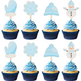 CORNER LACE Winter Birthday/Baby Shower Wooden Cupcake Toppers Blue, Snowman Snowflake Hat Gloves Cupcake/Desserts Picks 16Pcs, Christmas New Year Wedding Winter Party Decorations Supplies Favors
