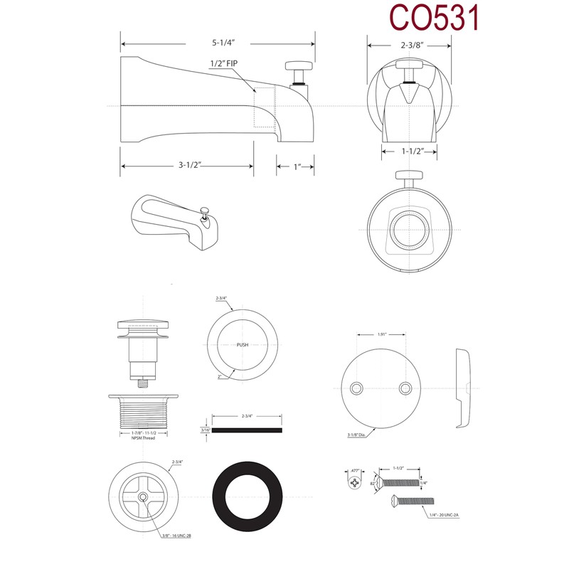 Westbrass CO531-62 5-1/4" Front Diverter Tub Spout with Tip-Toe Drain