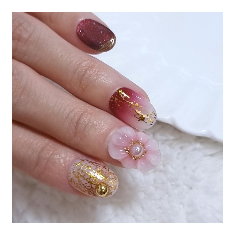 New Year's Honghwa Handmade Nail Tips - Stiletto / 신년홍화