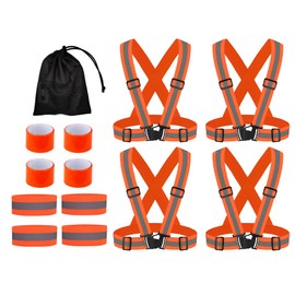 Anlising 4 x adjustable reflective safety vest, 4 x reflective bracelets, 4 x reflective bands, snap bracelets, with mesh bag, reflective bands, safety vest, reflective safety vest set