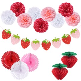 Strawberry Birthday Party Decorations, Berry First Birthday Decor, Red Pink White Paper Tissue Pom Poms Fans Honeycom Balls Lanterns Garland, Strawberry Baby Shower Decorations Party Supplies