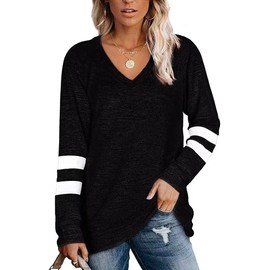 Famulily Sweatshirt for Ladies Long Sleeve Cotton Striped V-Neck Loose Casual Jumper Tops Black XL