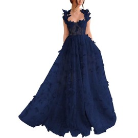 Long Tulle Prom Dress with 3D Butterflies Ball Gown Evening Dresses Party Wedding Formal Dress with Slit 2024 Navy Blue 8