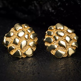 Street Knitted Mens Hip Hop 14k Gold Plated 925 Sterling Silver Gold Nugget Round Stud Earrings