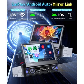 Wireless Carplay Single Din Car Stereo Touchscreen Android Auto, 7‘’ Flip Out Screen Car Stereo with Bluetooth Car Audio Receivers, FM/AMRadio, Backup Camera/Mirror Link/USB/AUX/Type-C Fast Charging
