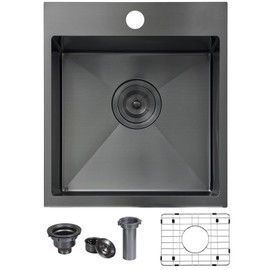 VCCUCINE Gunmetal Black Bar Sink Drop in, 15x17 Inch Topmount RV Small Kitchen Sink, Handmade Stainless Steel Wet Bar Sink, Outdoor Single Bowl Prep Sink with Dish Grid & Drain