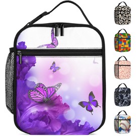Knobcar Purple Flowers Butterfly Lunch Bag Kids Insulated Lunch Box for Girls Boys Women Men Reusable Insulated Lunch Box with Side Pocket Cooler Tote Bag Lunchbox for School Work Picnic Hiking