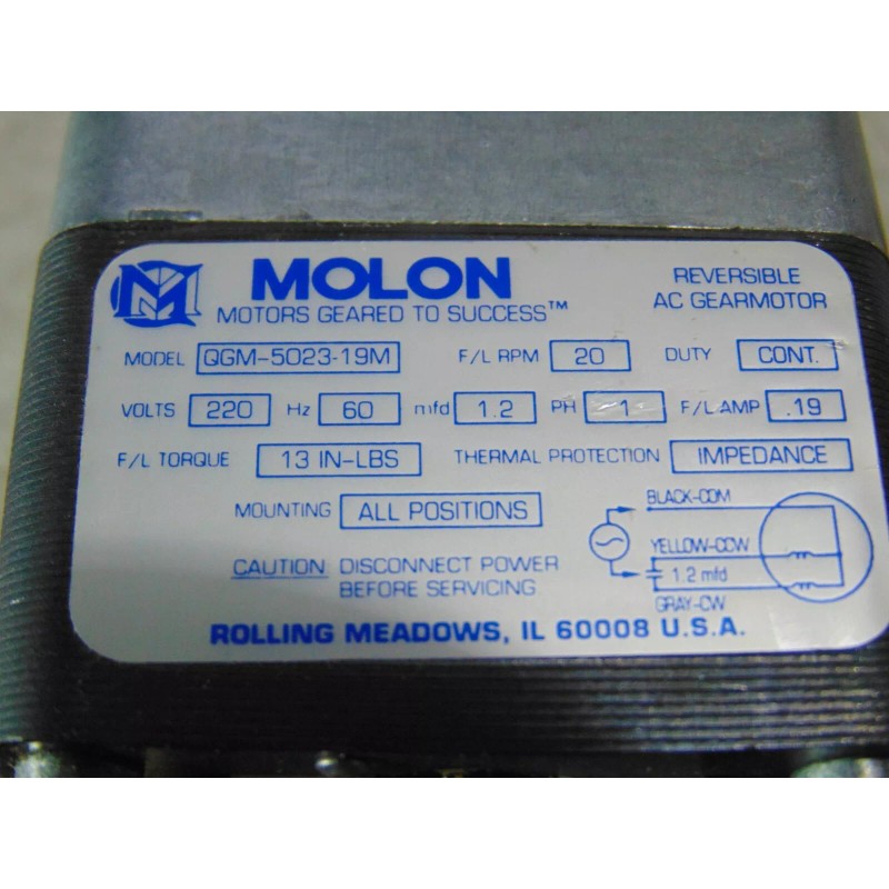 Molon Reversible AC Gearmotor 20 RPM 1/4" Diameter Shaft 220