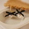 Black Velvet Bow Pearl Dangle Drop Huggie Hoop Earrings Studs