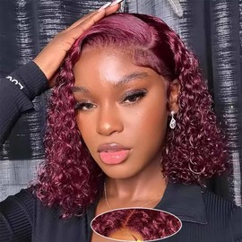 Wear and Go Glueless Wigs Human Hair Pre Plucked Pre Cut 99j Burgundy Lace Front Wigs for Black Women 180 Density Water Wave Bob Wig Colored Human Hair Curly Wig (99j Burgundy Color, 12 Inch)