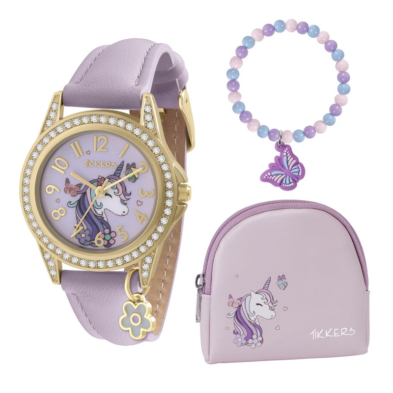 Tikkers Girl's Purple Unicorn and Butterfly Watch, Bracelet and Purse