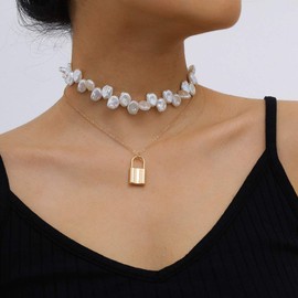 fxmimior Dainty 2Tier Simple Layered Necklace Gold Choker Chain Key Pendant Multilayered Long Necklaces Jewelry for Women and Girls (Pattern 2)