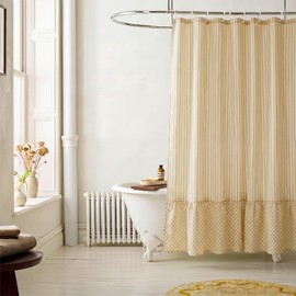 Batiyeer Linen Ruffle Shower Curtain 72x72 Inches Yellow Striped Shower Curtain Boho Striped Cottage Core Bathroom Decor Set for Farmhouse Country Bathroom Home Decor