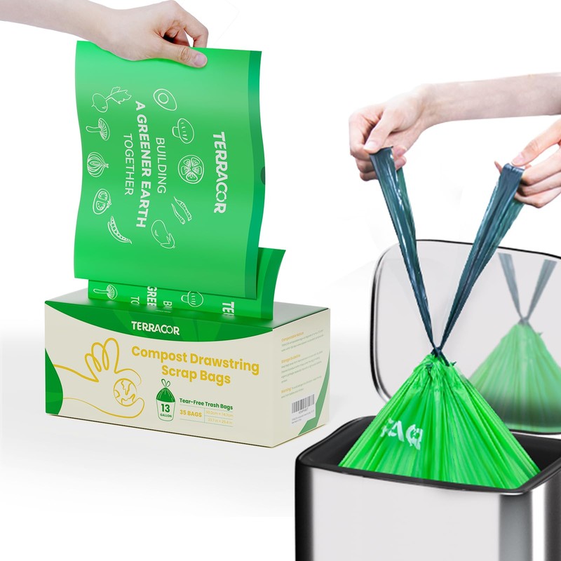 TERRACOR 13 Gallon Compostable Trash Bags Drawstring, Heavy Duty Extra