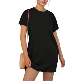GRECERELLE Women's Casual Summer Shirt Dress Loose Round Neck Mini Sundress with Pocket(Black,Medium)
