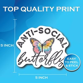 Anti-Social Butterfly Funny Premium Quality Laminated Vinyl Stickers 2-Pack | 5-Inch on Widest Side FHJ020