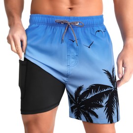 zeetoo Mens Swim Trunks with Compression Liner 5" Inseam Quick Dry Beach Shorts with Zipper Pockets Gradient-Palm-Sky Blue 2XL