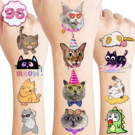 Cute Cat Cats Temporary Tattoos for Kids - Colorful Designs, 96 PCS - Perfect for Themed Birthday Party Supplies Decorations Favors Decor and Creative Play - Fun Stickers Gifts for Girls Boys Rewards