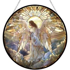 365CUSGIFTS Angel Mushroom Suncatcher Stained Glass Window Hanging, 12'' Hand-Painted Floral Sun Catcher Window Wall Decor with Chain, Birthday Gifts for Mom Grandma Wife