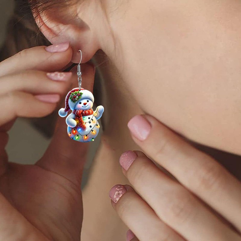 Cute Pink Snowman Christmas Tree Earrings - Hypoallergenic Xmas Jewelry