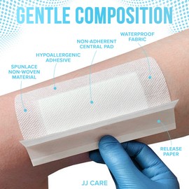 JJ CARE Waterproof Adhesive Island Dressing [Pack of 50], 4” x 8” Sterile Bordered Gauze, Breathable Island Wound Dressing, Individually Wrapped Adhesive Gauze Bandages with Non-Stick Central Pad