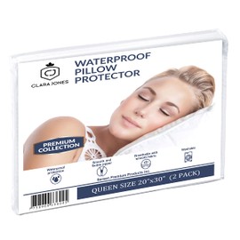 Waterproof Pillow Protector 2 Piece Set - Queen Size, Zippered Encasement, Polyester Jersey Fabric Pillow Protector (2 PCS) (QUEEN)
