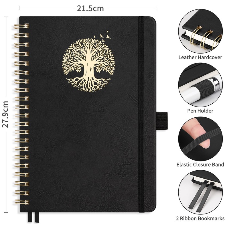 RETTACY Lined A4 Notebook Spiral-College Ruled Notebook,Large Hardcover Leather Journals