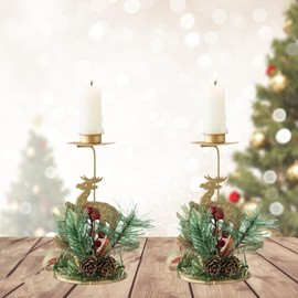 LYFJMUS Christmas Candle Holders Gold Reindeer Snowflake Star Candlestick Red Berry Pine Cones Decoration for Taper Table Centerpiece Festive Ornaments(No Candles)