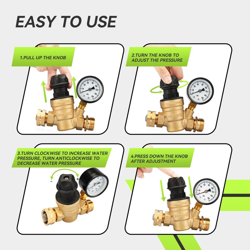 RVMATE RV Water Pressure Regulator with Adjustable Knob, Brass Lead-Free