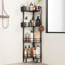 Orimade Rustproof 4 Tier Floor Standing Corner Shower Caddy Organizer with Toothbrush Holder, Large Spacing Floor Shower Shelf Rack Storage Stands with Hooks for Bathroom Kitchen, Black